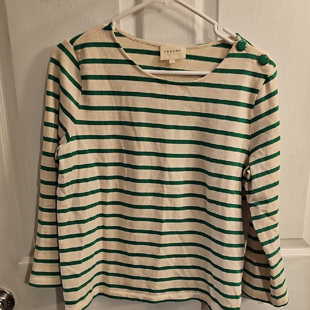 Sezane Green and Cream Striped Top